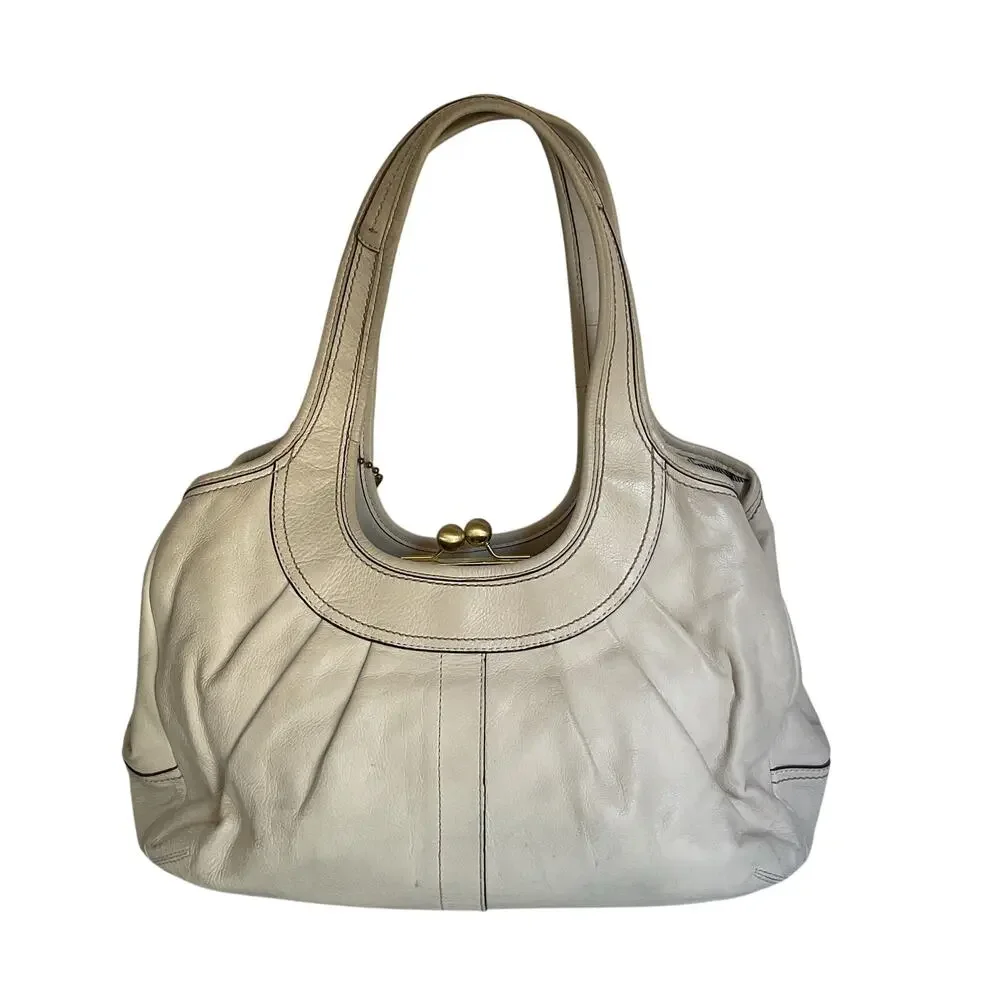 Vintage Coach Ergo 12248 Pleated Kisslock Cream Leather Satchel Y2K